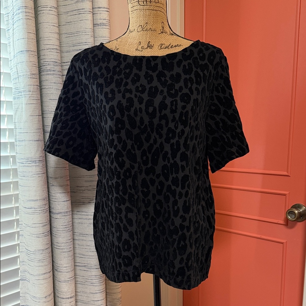 Ann Taylor Black Animal Print Velvet Short Sleeve Blouse with matching Skirt